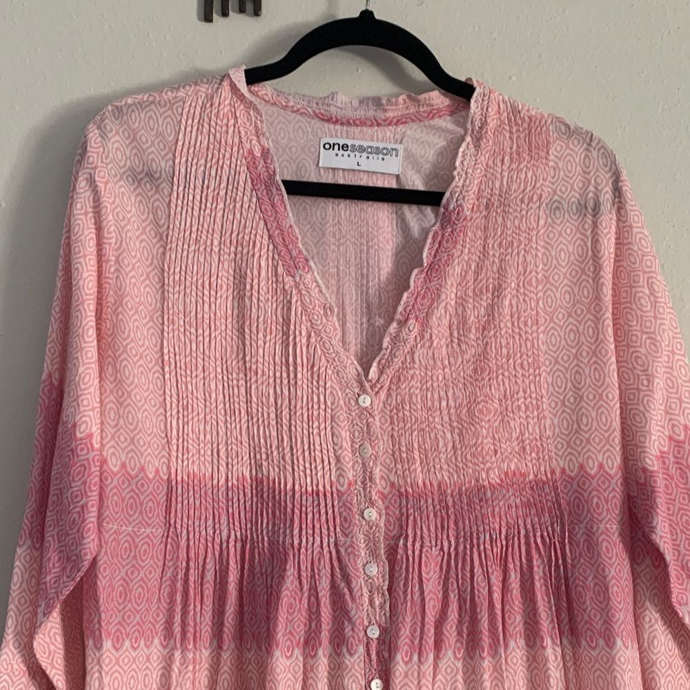 One Season Australia Pink Ombré Cotton Button-Front Dress | Size L - Picture 9 of 14